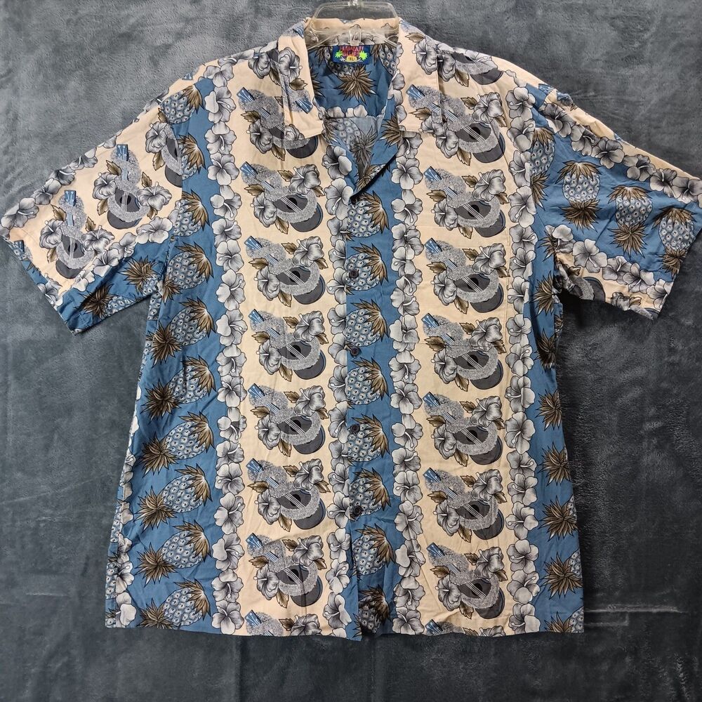 Hawaii Blues Hawaiian Shirt Men XL Beach Floral Pineapple Tropical Vacation Camp